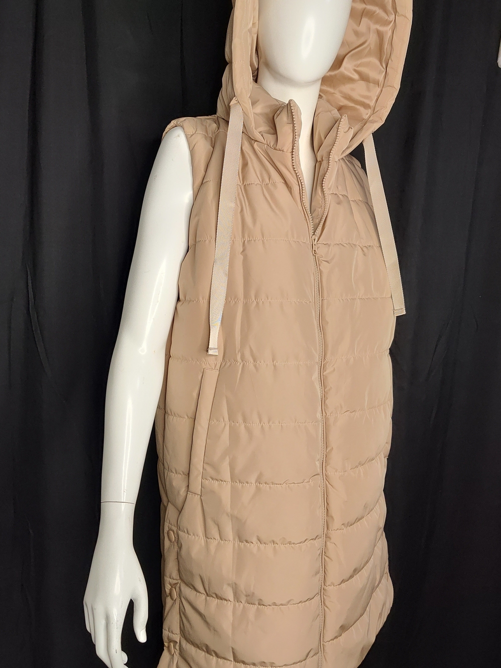 Puffer Jacket Hooded Khaki Sz M Longline Zipper Pockets